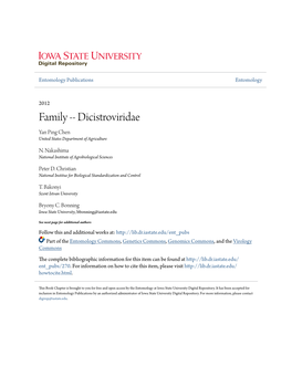 Family -- Dicistroviridae Yan Ping Chen United States Department of Agriculture