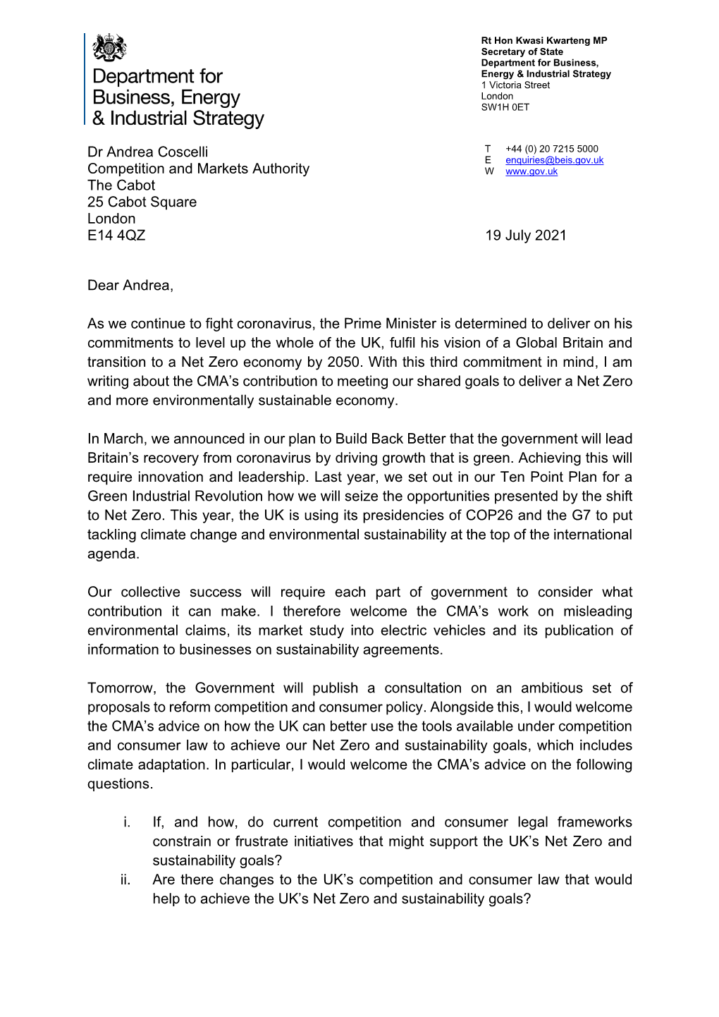 Letter from Kwasi Kwarteng, BEIS Secretary of State, to Andrea