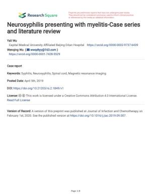 Neurosyphilis Presenting with Myelitis-Case Series and Literature Review