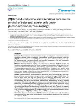 JMJD2B-Induced Amino Acid Alterations Enhance the Survival Of