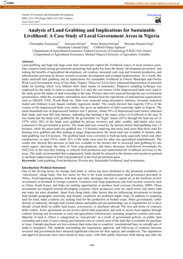 Analysis of Land Grabbing and Implications for Sustainable Livelihood: a Case Study of Local Government Areas in Nigeria