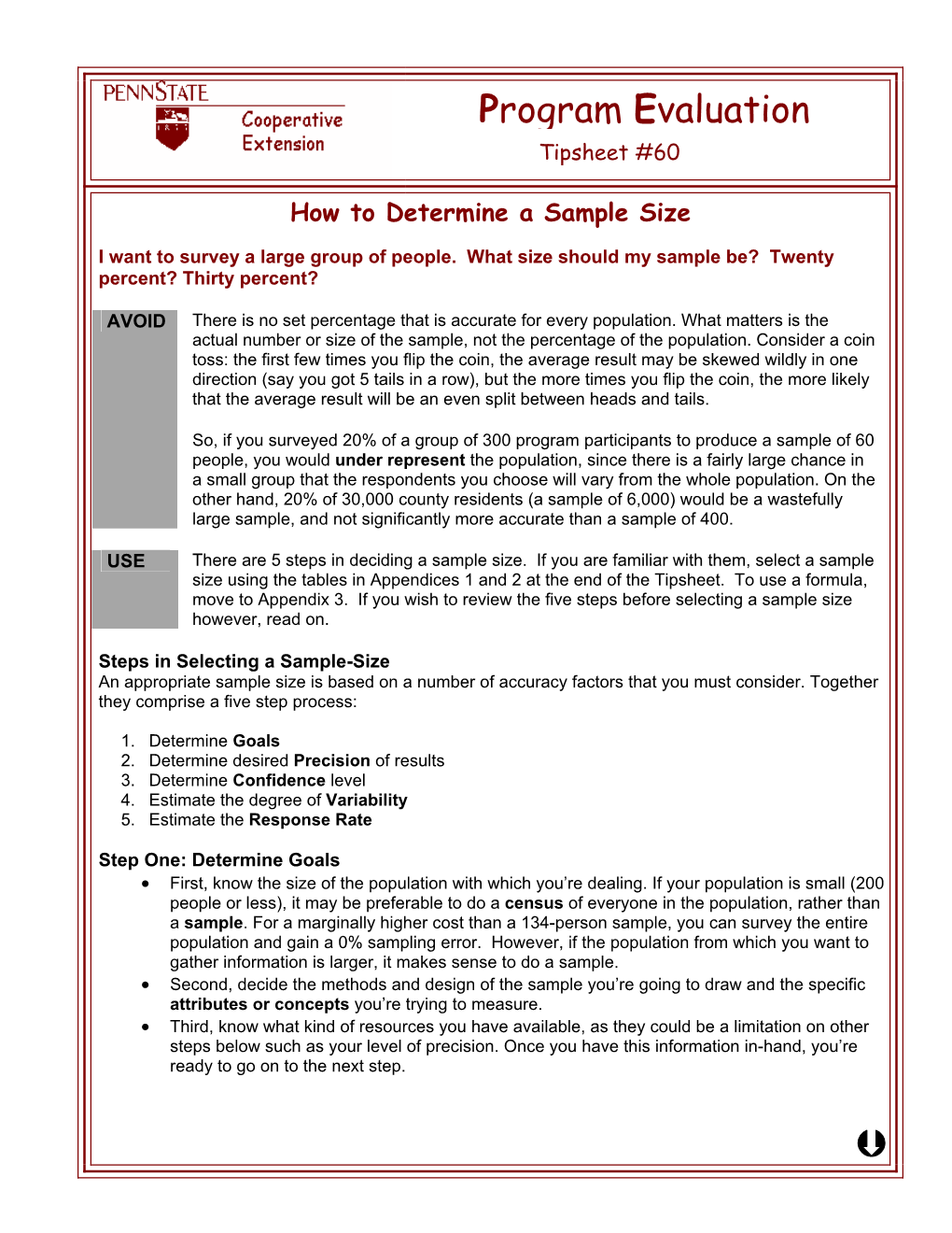 How to Determine a Sample Size: Tipsheet #60, University Park, PA: Penn State Cooperative Extension