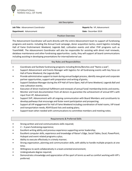 Job Description Position Overview the Advancement Coordinator Will