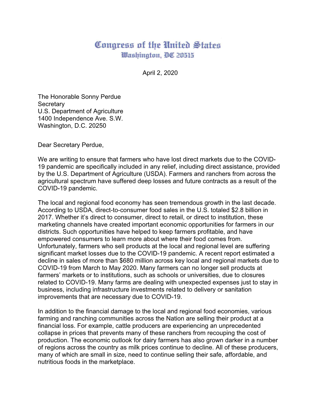 CARES Act Letter to Perdue