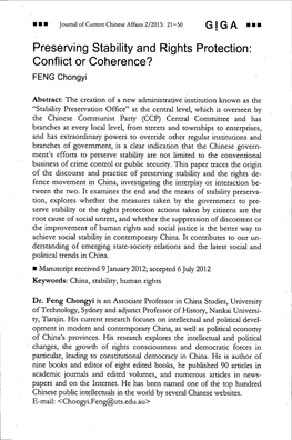Preserving Stability and Rights Protection: Conflict Or Coherence? FENG Chongyi
