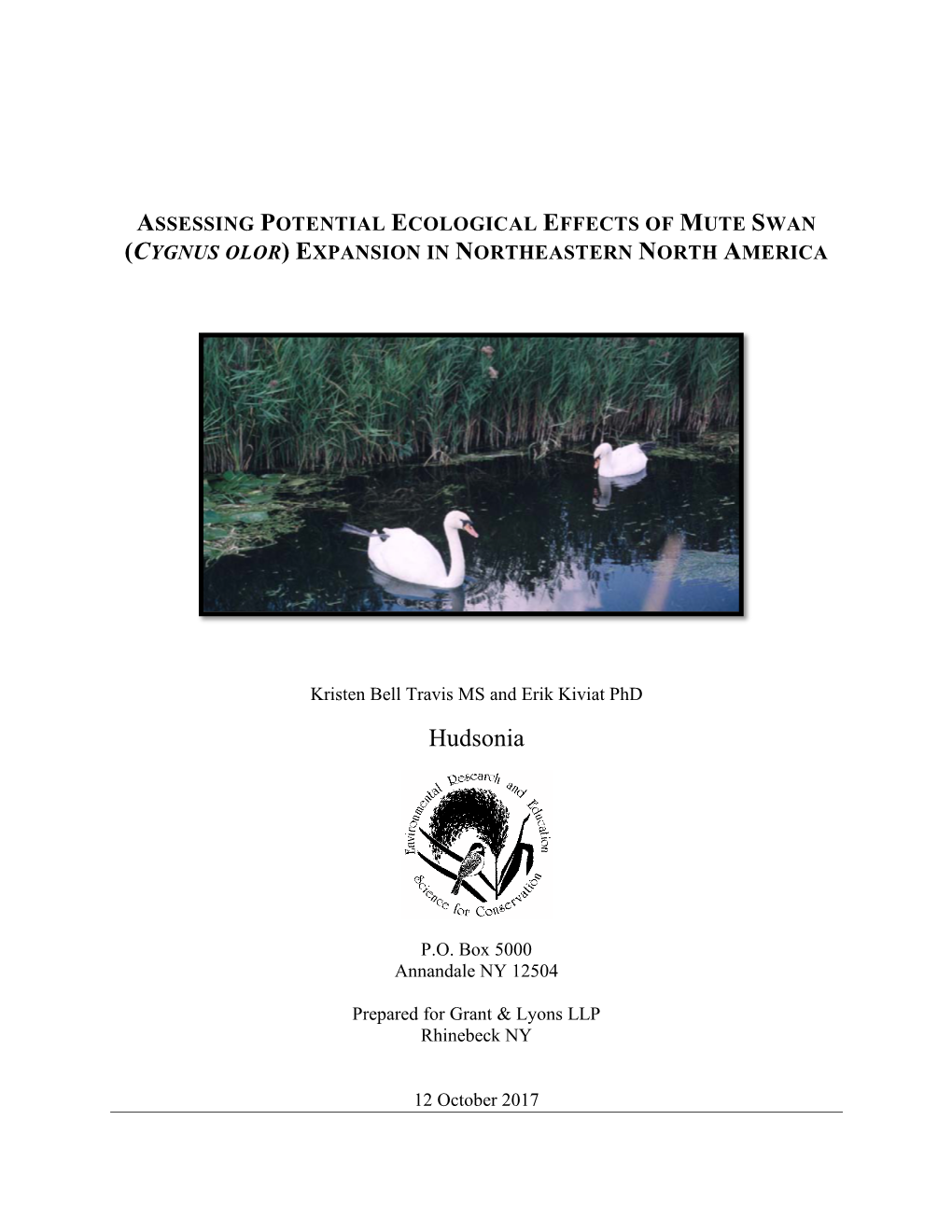Assessing Potential Ecological Effects of Mute Swan (Cygnus Olor) Expansion in Northeastern North America