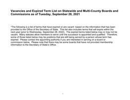 Vacancies and Expired Term List on Statewide and Multi-County Boards and Commissions As of Tuesday, August 31, 2021
