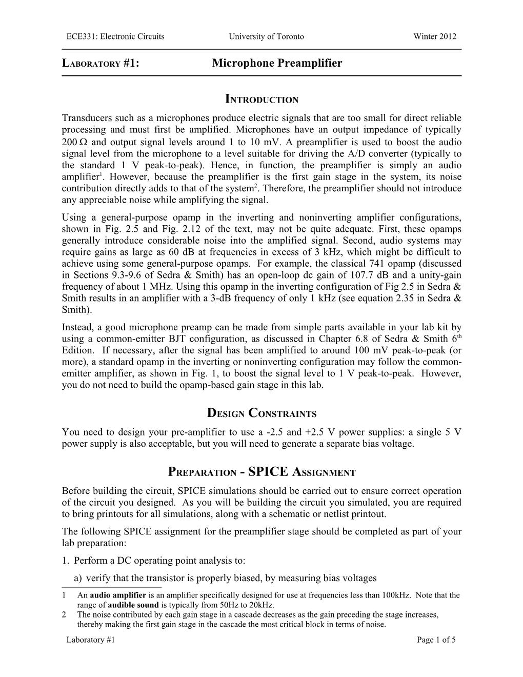 LABORATORY #1: Microphone Preamplifier