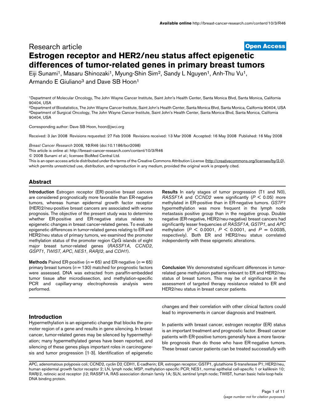 Estrogen Receptor and HER2/Neu Status Affect Epigenetic Differences of Tumor-Related Genes in Primary Breast Tumors