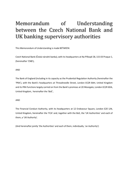 Memorandum of Understanding Between the Czech National Bank and UK Banking Supervisory Authorities