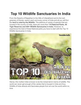 Top 10 Wildlife Sanctuaries in India