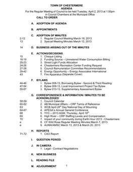 TOWN of CHESTERMERE AGENDA for the Regular Meeting of Council to Be Held Tuesday, April 2, 2013 at 1:00Pm in Council Chambers at the Municipal Office CALL to ORDER