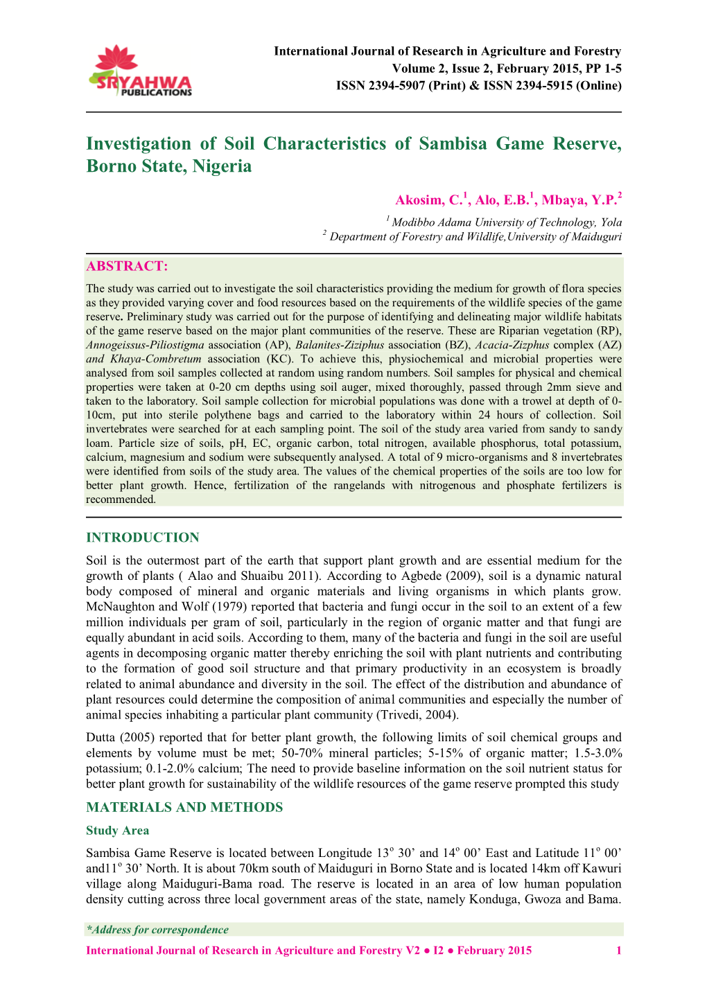 Investigation of Soil Characteristics of Sambisa Game Reserve, Borno State, Nigeria