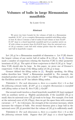 Volumes of Balls in Large Riemannian Manifolds