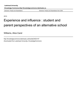 Experience and Influence : Student and Parent Perspectives of an Alternative School