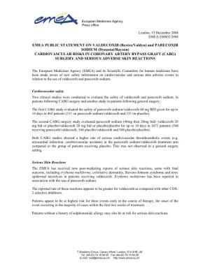 EMEA Public Statement on Valdecoxib and Parecoxib