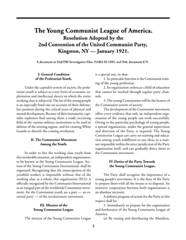 The Young Communist League of America. Resolution Adopted by the 2Nd Convention of the United Communist Party, Kingston, NY — January 1921