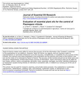 Evaluation of Essential Plant Oils for the Control of Plasmopara Viticola A