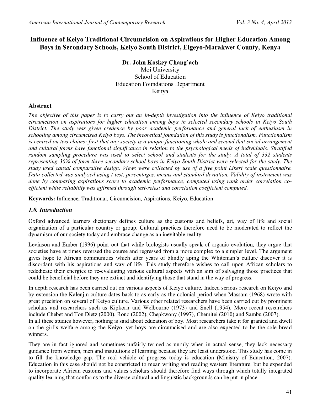 Influence of Keiyo Traditional Circumcision on Aspirations for Higher Education Among Boys in Secondary Schools, Keiyo South District, Elgeyo-Marakwet County, Kenya