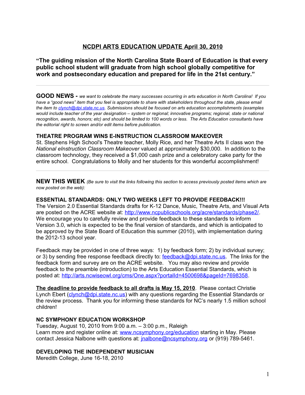 NCDPI ARTS EDUCATION UPDATE May 2, 2008 s4