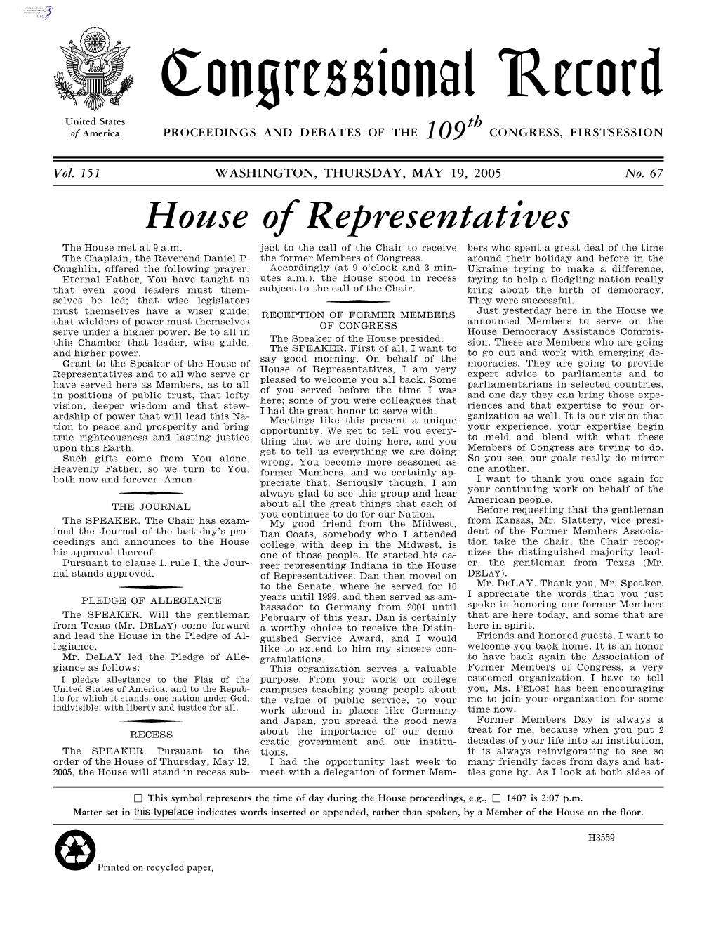 Congressional Record United States Th of America PROCEEDINGS and DEBATES of the 109 CONGRESS, FIRSTSESSION