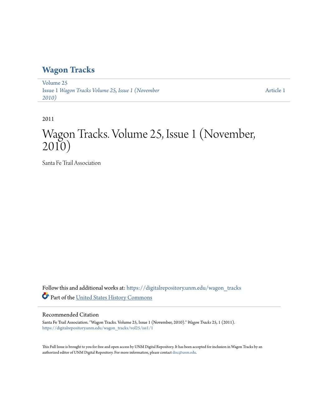 Wagon Tracks. Volume 25, Issue 1 (November, 2010) Santa Fe Trail Association