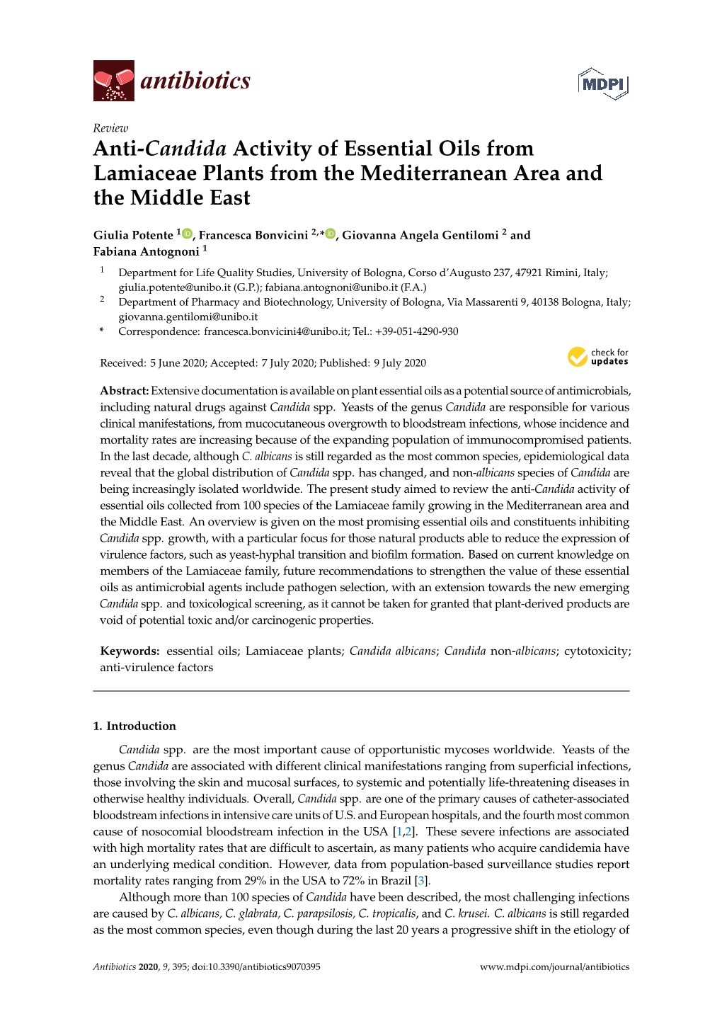 Anti-Candida Activity of Essential Oils from Lamiaceae Plants from the Mediterranean Area and the Middle East