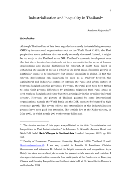 Industrialisation and Inequality in Thailand*