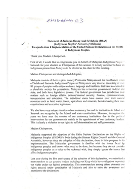 Statement of Jaringan Orang Asal Semalysia (JOAS) ^ [Indigenous
