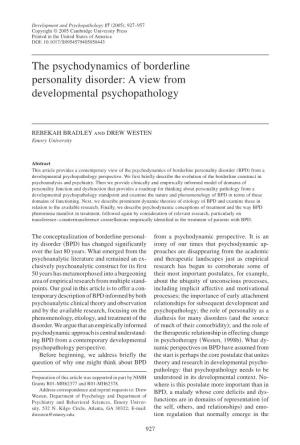 The Psychodynamics of Borderline Personality Disorder: a View from Developmental Psychopathology