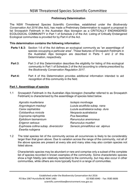 Snowpatch Feldmark in the Australian Alps Bioregion As a CRITICALLY ENDANGERED ECOLOGICAL COMMUNITY in Part 1 of Schedule 2 of the Act