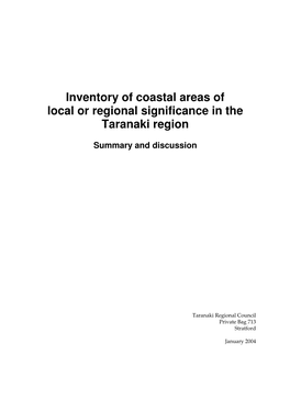 Inventory of Coastal Areas of Local Or Regional Significance in the Taranaki Region
