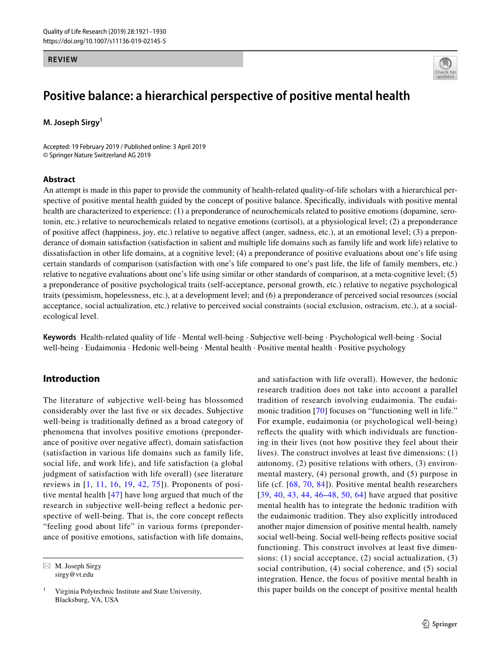 Positive Balance: a Hierarchical Perspective of Positive Mental Health