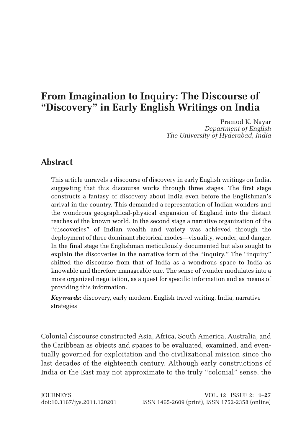 The Discourse of "Discovery" in Early English Writings on India