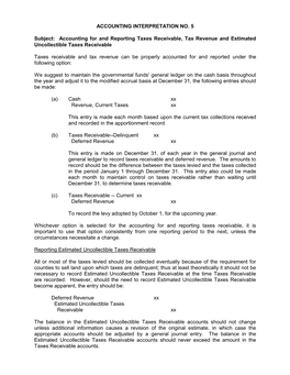 Accounting for and Reporting Taxes Receivable, Tax Revenue and Estimated Uncollectible Taxes Receivable