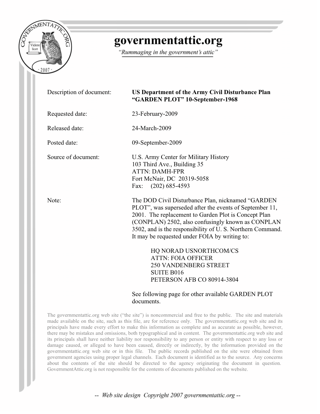 US Department of the Army Civil Disturbance Plan “GARDEN PLOT” 10-September-1968