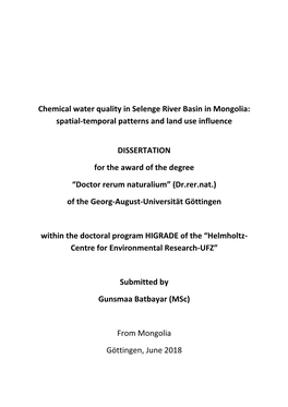 Chemical Water Quality in Selenge River Basin in Mongolia: Spatial-Temporal Patterns and Land Use Influence