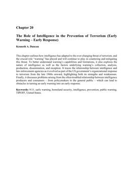 Chapter 20 the Role of Intelligence in the Prevention of Terrorism (Early