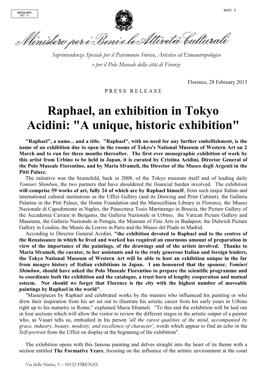 Raphael, an Exhibition in Tokyo Acidini: "A Unique, Historic Exhibition"