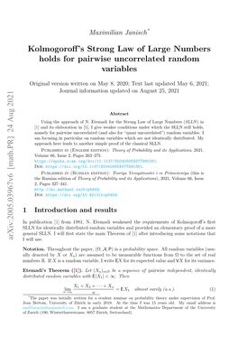 Arxiv:2005.03967V5 [Math.PR] 12 Aug 2021 Kolmogoroff's Strong Law of Large Numbers Holds for Pairwise Uncorrelated Random Va