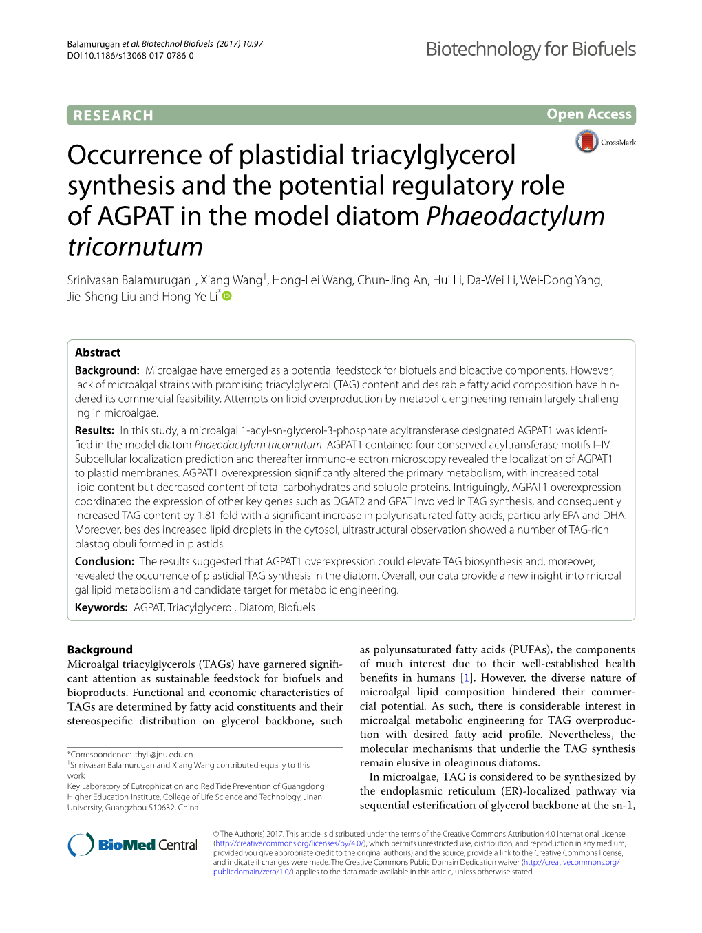Occurrence of Plastidial Triacylglycerol Synthesis and the Potential Regulatory Role of AGPAT in the Model Diatom Phaeodactylum