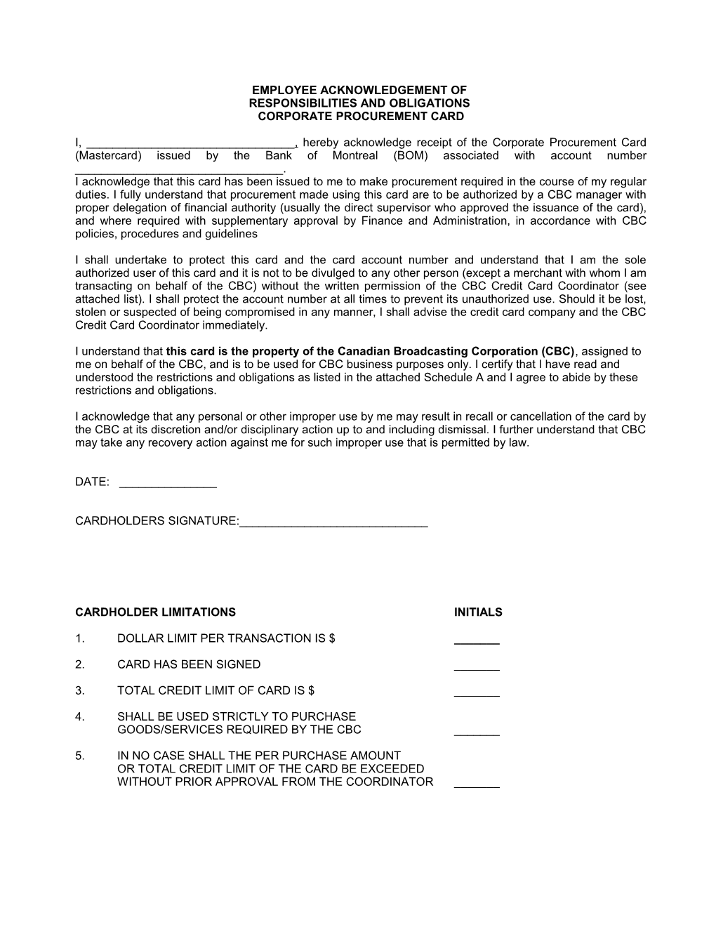 Procard Acknowldegement Form