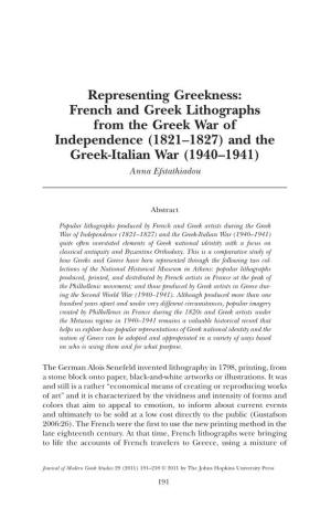 French and Greek Lithographs from the Greek War of Independence (1821–1827) and the Greek-Italian War (1940–1941) Anna Efstathiadou