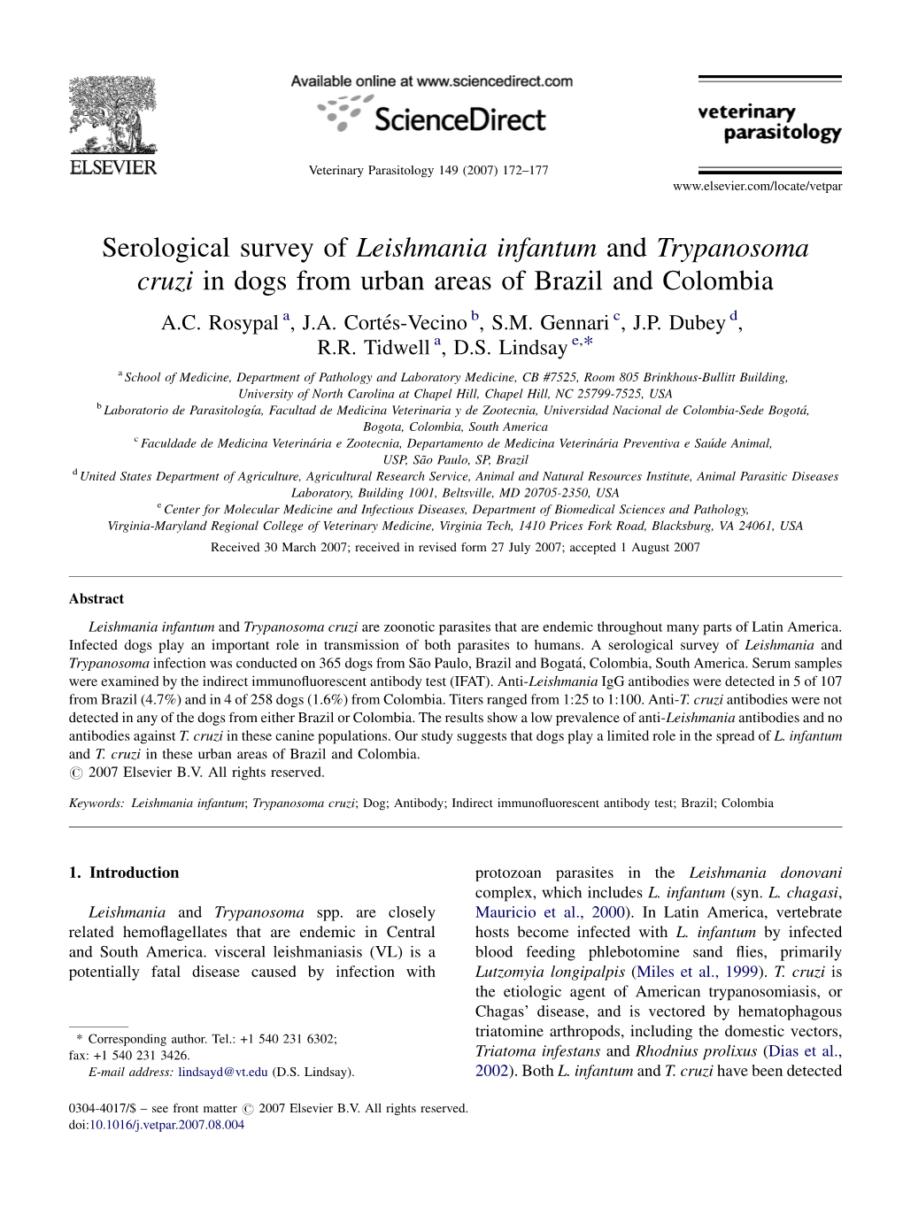 Serological Survey of Leishmania Infantum and Trypanosoma Cruzi in Dogs from Urban Areas of Brazil and Colombia A.C