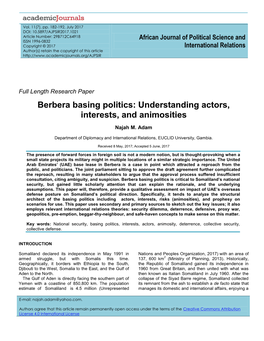 Berbera Basing Politics: Understanding Actors, Interests, and Animosities