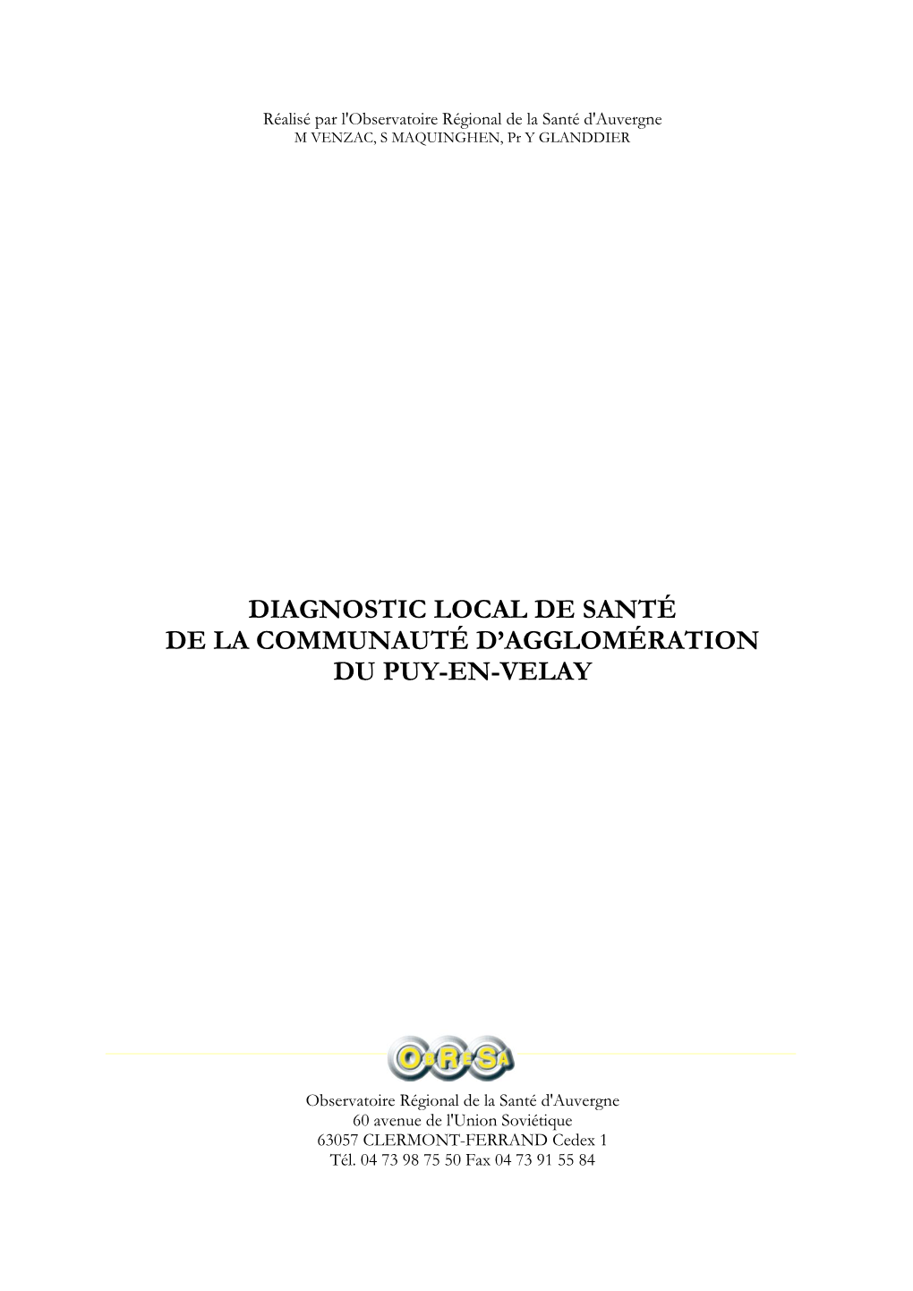 Diagnostic Local De Santé De La Communauté D'agglomération Du Puy-En-Velay