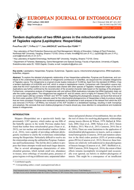 Tandem Duplication of Two Trna Genes in the Mitochondrial Genome of Tagiades Vajuna