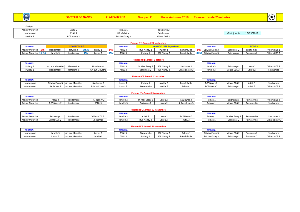 SECTEUR DE NANCY PLATEAUX U11 Groupe : C Phase Automne 2019 2 Rencontres De 25 Minutes