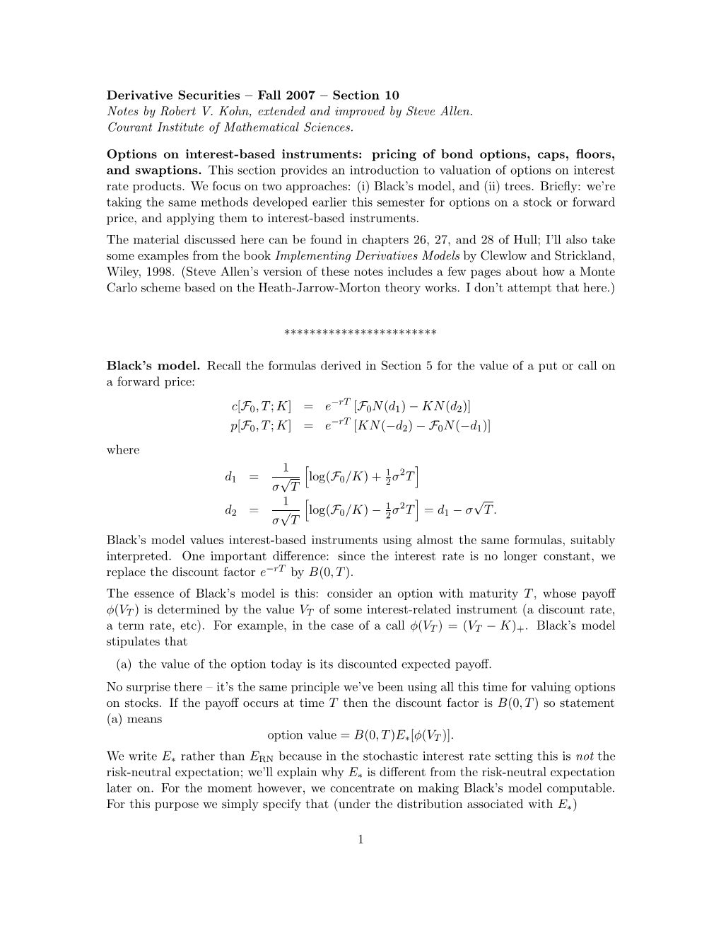 Derivative Securities – Fall 2007 – Section 10 Notes by Robert V