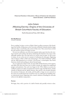 John Calam Affecting Eternity: Origins of the University of British Columbia’S Faculty of Education